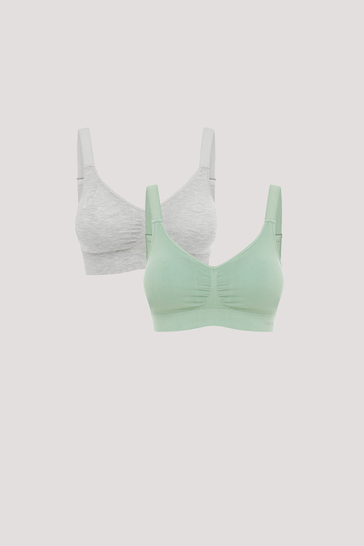 Women's every day bamboo bras | Bella Bodies UK | Bella Bamboo Viscose Adjustable Crop bra 2pk | Grey Marle and Frosty Green