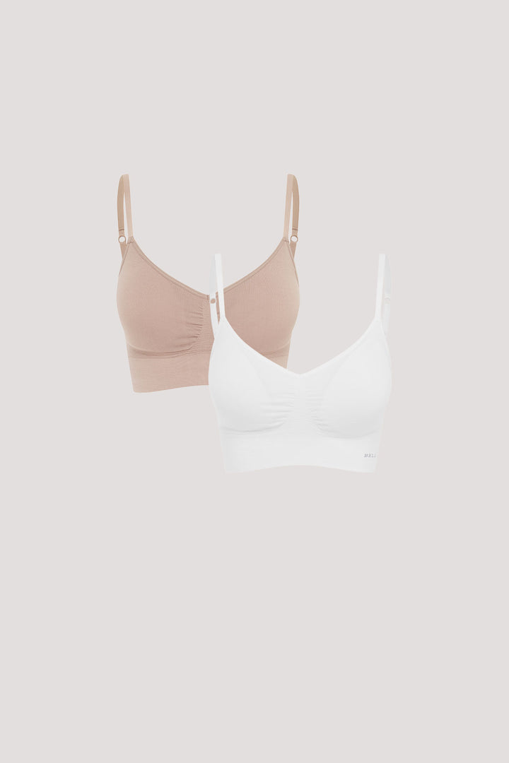 Bamboo Underwire-free, convertible, adjustable Crop Bra | Bella Bodies UK | Sand & White