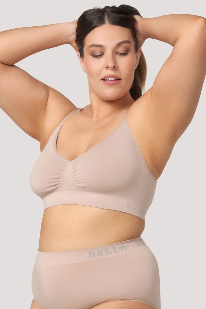 Bamboo Underwire-free, convertible, adjustable Crop Bra | Bella Bodies UK | Sand | Side